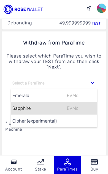 Withdraw tokens: Select ParaTime